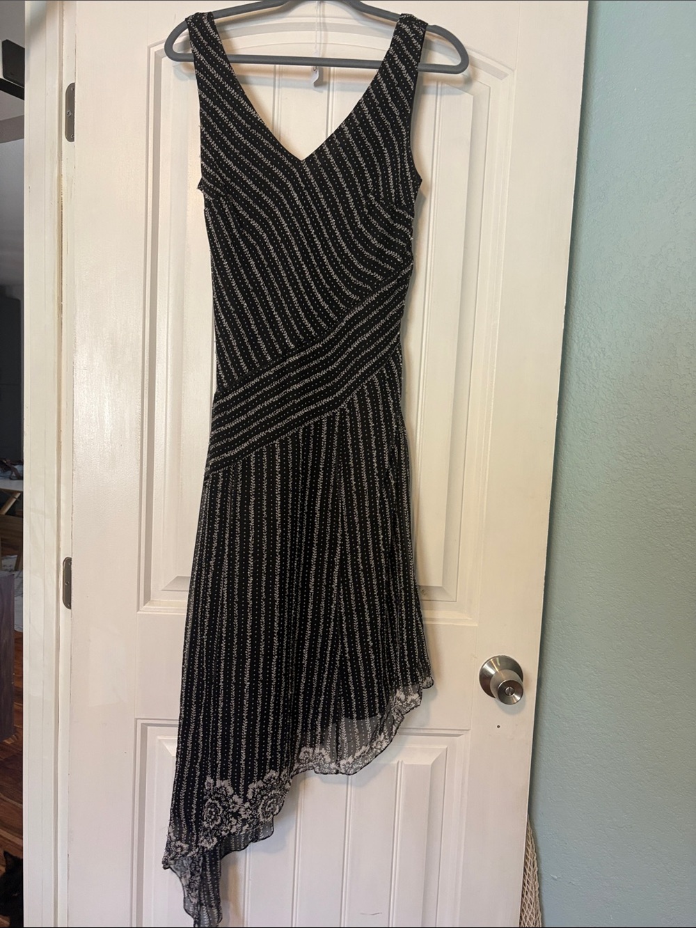 Y2K Black Striped V-Neck Asymmetric Hem Dress with crystal beads